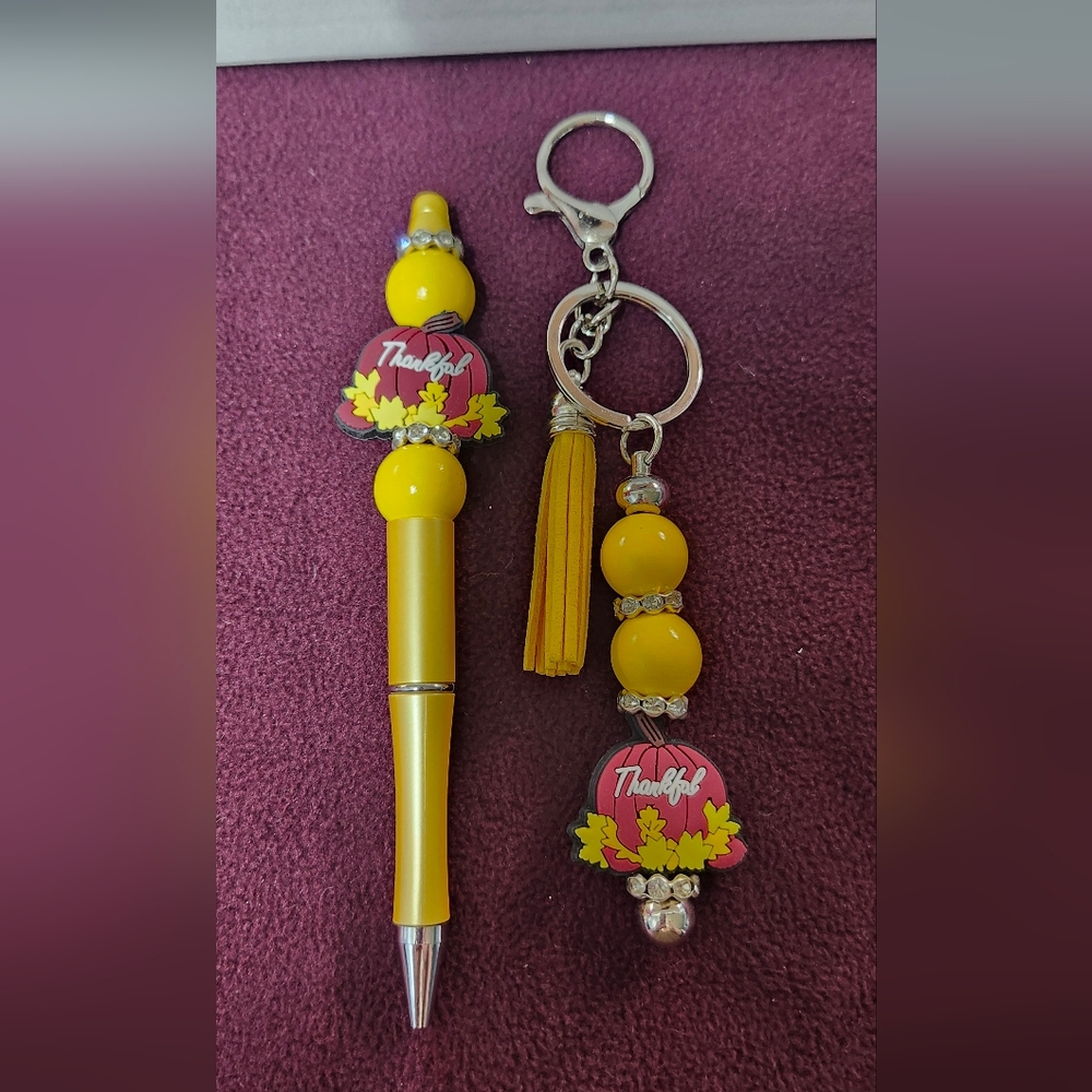 Yellow Beaded Keychain and Pen Set